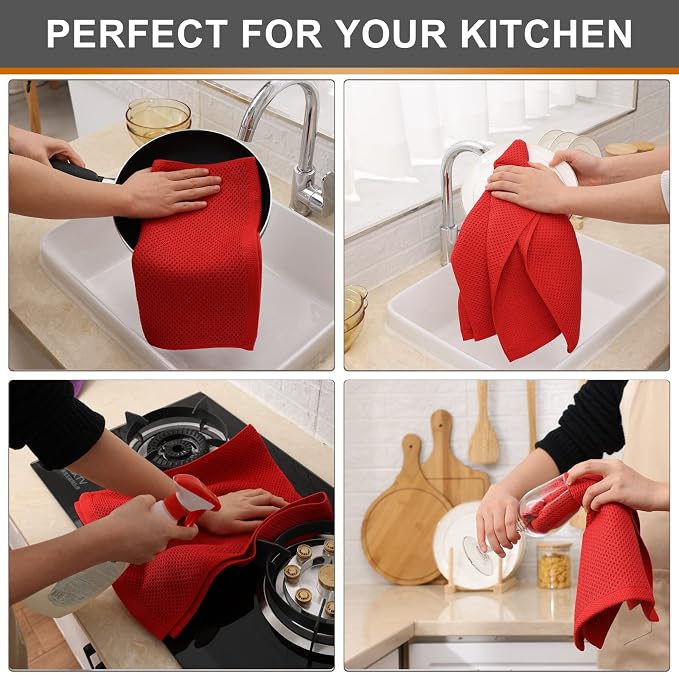 Kitinjoy 100% Cotton Waffle Weave Kitchen Hand Towels (13 X 28 Inches, Red), 8-Pack Super Soft and Absorbent Dish Towel for Drying Dishes