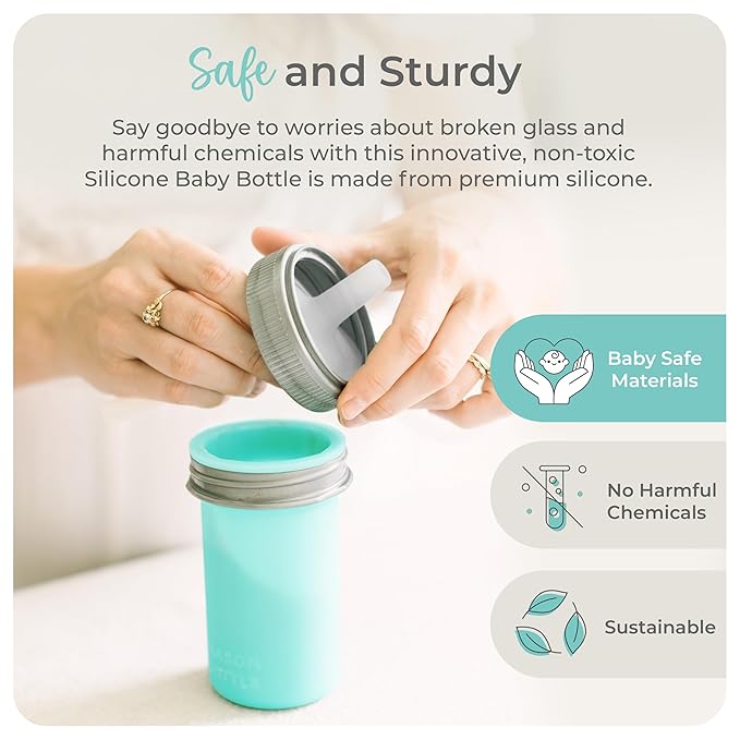 Mason Bottle 8oz Silicone Squeeze Pouch with Straw – Reusable Baby Food and Snack Pouch for Toddlers – Soft Food and Liquid Bottle - BPA & BPS-Free, Non-Toxic, Made in USA (Teal)