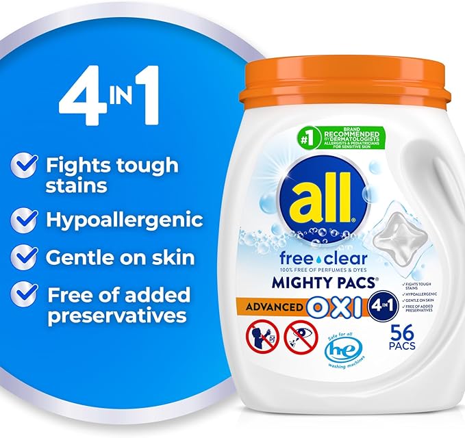 all Unit Dose Laundry Detergent, Mighty Pacs, Free Clear, OXI, 72 Count