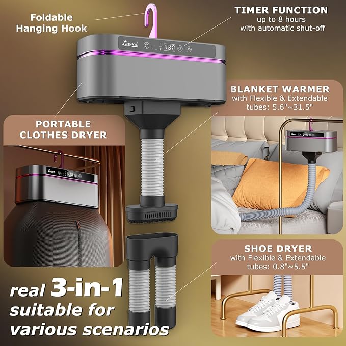 3in1 Portable Clothes Dryer and Shoe Dryer - Mini Portable Dryer Machine for Laundry Apartments and Travelling, Hotel Room, Dark Gray