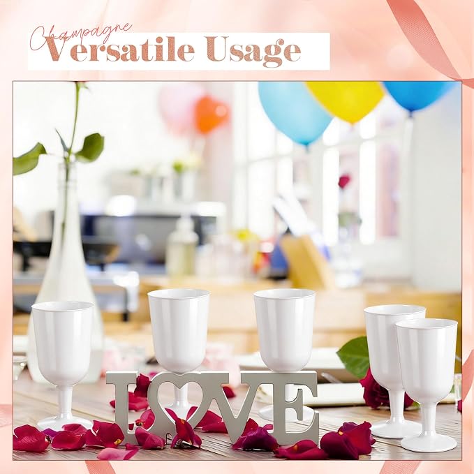Jingmore 96 Pcs Plastic Wine Glasses with Stem 7 oz White Plastic Goblets for Party Disposable Wine Cup Champagne Flutes Drinking Glass for Wedding Toasting Birthday Party Supply
