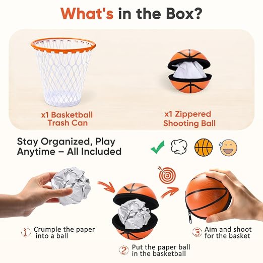 Basketball Trash Can - 1 Zippered Shooting Balls™ - Perfect Basketball Gift - Boys Room Decor - Kids Bedroom Wastebasket - Easter basket for Dorm or Home Office - Carbage Can Sport party -Size 12"x12"