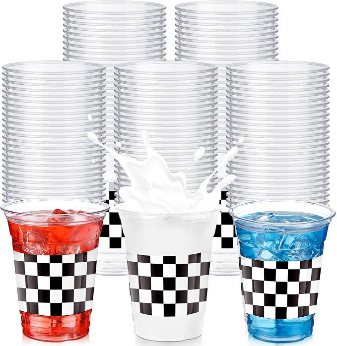 SiliFine 50 Pcs 12 oz Checkered Racing Party Plastic Cups Black and White Disposable Clear Cup Buffalo Gingham Plaid Cups for Race Car Sports Themed Birthday Party Favors Supplies Decorations