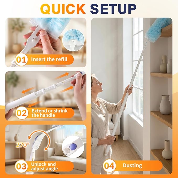 Heavy Duty Duster Refills for Swiffer Duster, Multisurface 360 Dusters with 3ft Extendable Handle and 1 Short Handle, 5X Microfiber Duster Disposable for Dusting Furniture Blinds Fans Walls (60 Count)