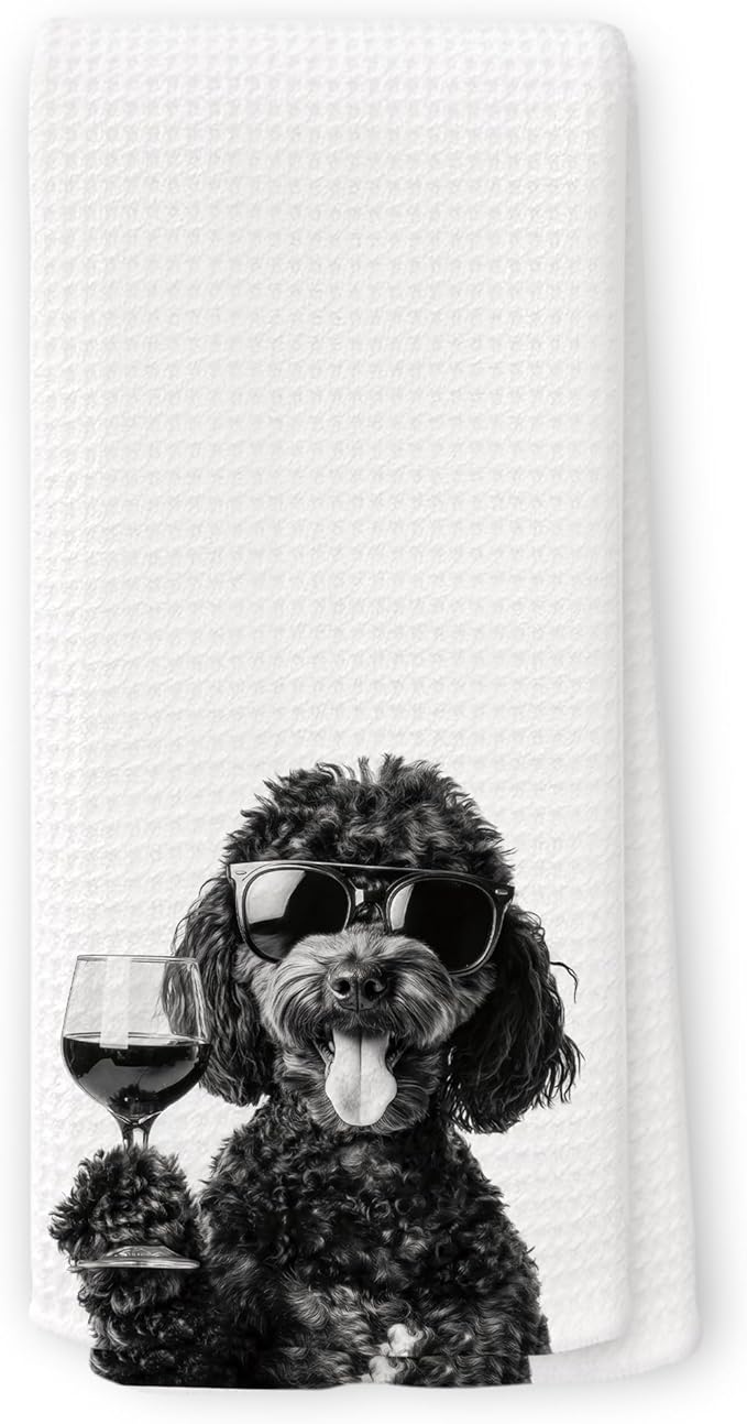 Funny Black Labradoodle Wine Kitchen Towels, Gifts for Dog Wine Lovers, Bar Accessorie Dish Tea Towels for Kitchen, Dog Owners Housewarming Gift Decorative Hand Towel 16x24 Inch