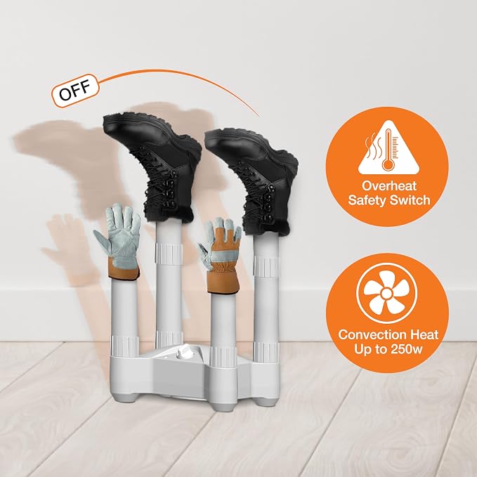 LifeSmart BD001 4 Post Fast Airflow, Timer, and 250W Convection Heater, Quick and Efficient Dryer for Work, Snow Boots, Canvas Shoes, Socks, and Gloves with Overheat Protection, Small, White