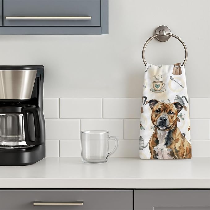 Caroline's Treasures Brindle Staffordshire Bull Terrier Coffee Bar Kitchen Towel Velour Plush Front and Cotton Loop Back Machine Washable