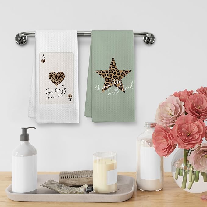 Trendy Leopard Cheetah Print Poker Lucky 8 Ball Bathroom Decor, Preppy Funky Sage Green Decor Dish Hand Towels for Bathroom Kitchen Sets of 2, Cheetah Kitchen Towels and Dishcloths, 16x24inch