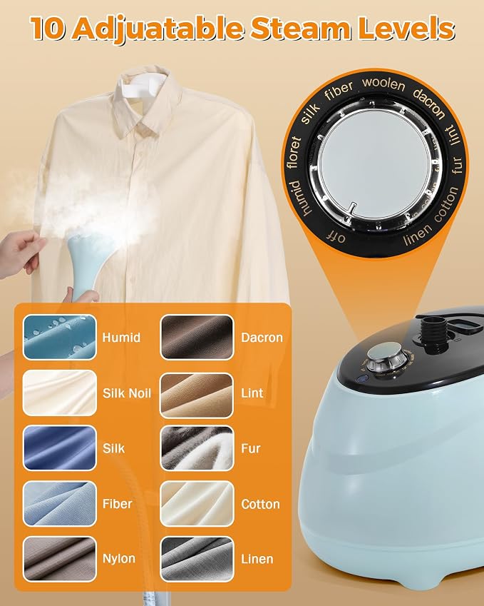BEAMNOVA Clothing Steamer with Stand, Steam Iron for Clothes, Commercial Standing Garment Steamer, Wrinkle Remover with Ironing Board, 1.8L(61oz) Water Container, 10 Settings, Blue