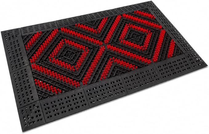 Heavy-Duty Outdoor Door Mat Shoe Brush Scraper– Door Scrubber Mat Boot Scraper – All-Weather Mud & Snow Shoe Cleaner for High-Traffic Entryway, Garage, & Patio (Black & Red, 30"x18")