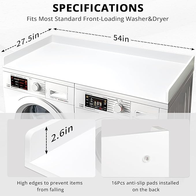 Gashell Washer Dryer Countertop, 27.5" x 54" Bamboo Washer and Dryer Countertop for Laundry Room Organization(White)