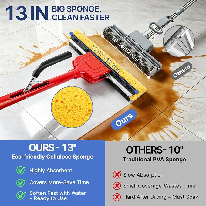Replacement Mop Heads 4 Pack, Super Absorbent Cellulose Sponge Refills for Flat Floor Cleaning, Compatible with Wood, Tile & Laminate Floors