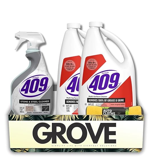 Formula 409 Stone/Steel Cleaner 32 oz Spray and Formula 409 Original Scent Multi-Surface Cleaner Liquid 64 oz Bundle with Microfiber Auto Cleaning Cloth – Stone and Countertop Care Gift Set (4 Items)