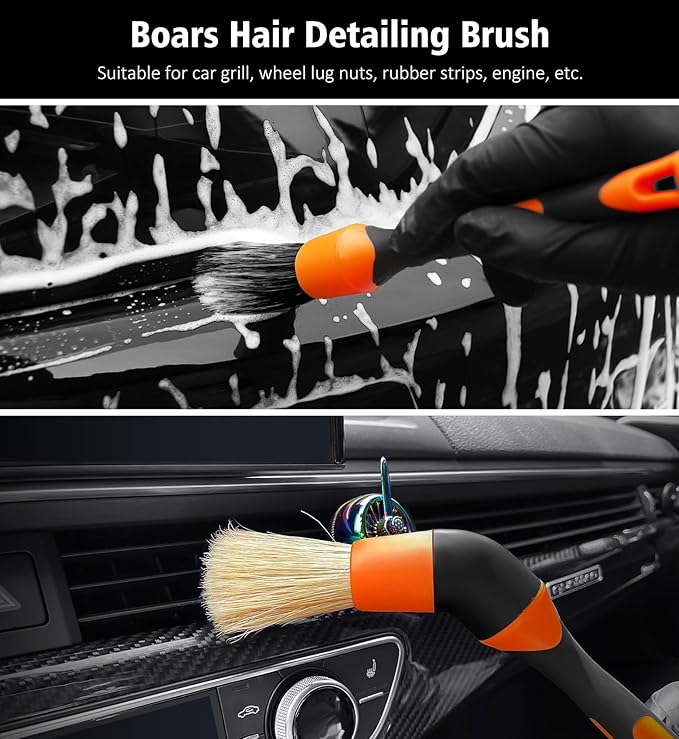YeewayVeh Car Detailing Brush Set, 5Pcs Car Detailing Brushes with 2 Elbow, 2pcs Boars Hair, 1pc Ultra Soft Detail Brush for Dashboard Air vent Leather Seat, 2pcs Detailing Brush for Interior Exterior