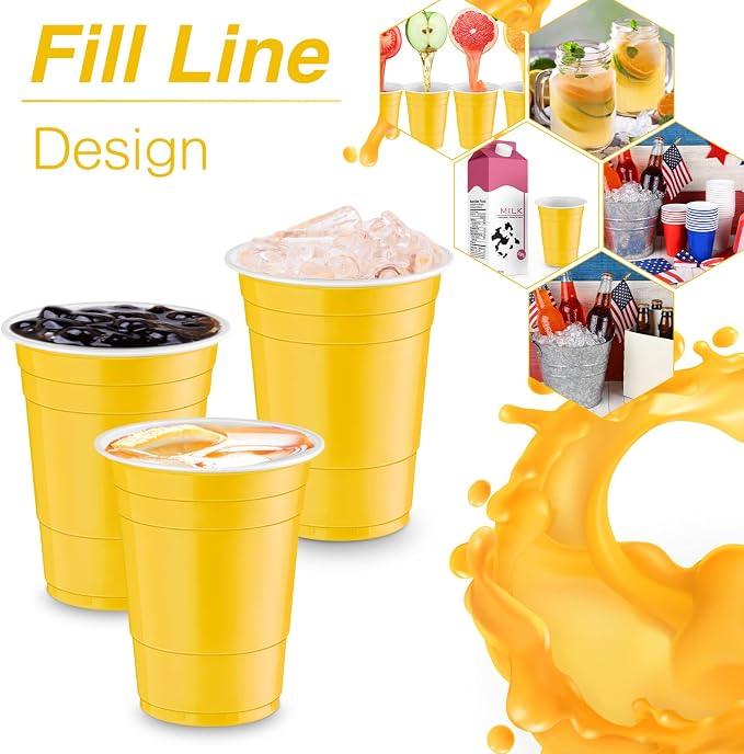 Lounsweer 100 Pcs 16 oz Disposable Party Cups Plastic Heavy Duty Drinking Water Cups for Birthday Baby Shower Wedding BBQ Picnic Party Supplies(Yellow)
