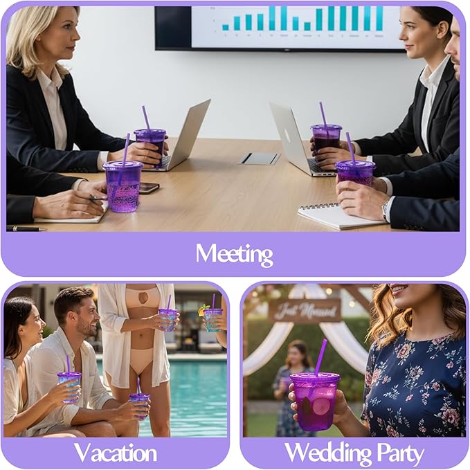 12oz Disposable Stemless Glasses with Flat Lids and Straws,PET Disposable Drinking Cups,Clear Plastic Wine Glasses for Parties Birthday,Wedding,Meeting,Christmas Party Supplies. (50, Purple)
