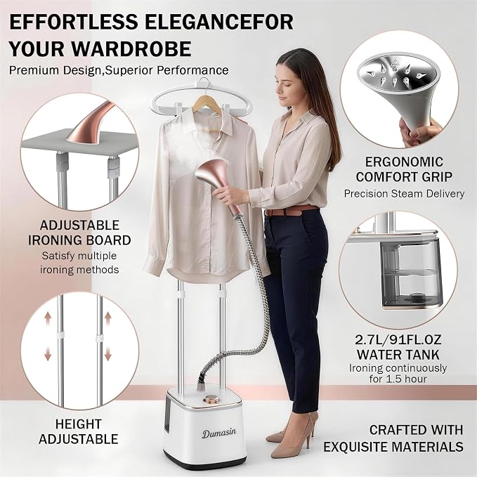 Standing Garment Steamer 2000W Professional Steamer for Clothes with Ironing Board, 10 Steam Levels, 30s Fast Heat-up, 2.7L/91FL.OZ Water Tank, Wrinkle Removal for Home & Commercial Use