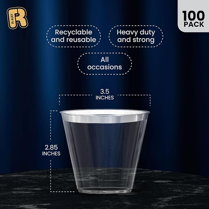R-kay Silver Plastic Cups - 100 Pack - 9 Oz Clear Cups - Hard, Disposable, Heavy Duty Party Cups - Plastic Wine & Cocktail Glasses