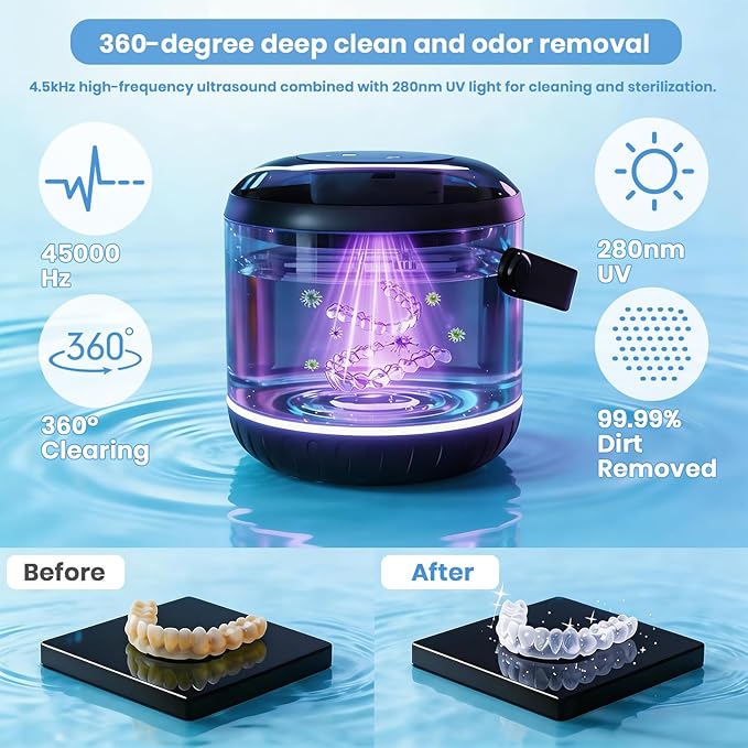 Ultrasonic Retainer Cleaner Machine, Upgraded Handle Design, 45kHz Dentures, Night Guards, Aligners & Jewelry, Digital Timer Deep Cleaning