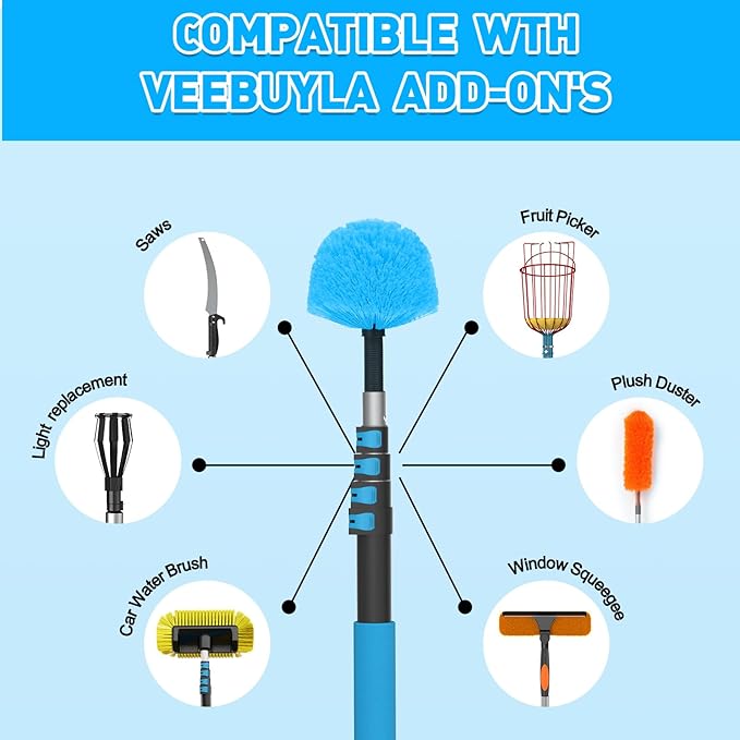 15FT Reach Cobweb Duster with Extension Pole - Spider Web Brush for Cleaning with 3-12FT 4-Section Flip-Lock Telescopic Pole, Effortlessly Cleans High Indoor & Outdoor Webs