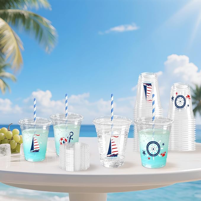 50 Sets Ocean Plastic Cups with Lids Straws 12 oz Blue Starfish Seashell Bow Disposable Cups Clear Under The Sea Drinking Cold Beverage Cup for Summer Beach Party Supplies