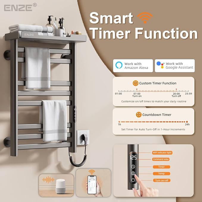 ENZE Smart Heated Towel Rack, 8-Bar Wall-Mounted Electric Towel Warmer with Shelf, Wi-Fi App Control, Adjustable Temperature & 24H Timer, Low Carbon Steel, IPX5, Plug-in/Hardwired, Gray
