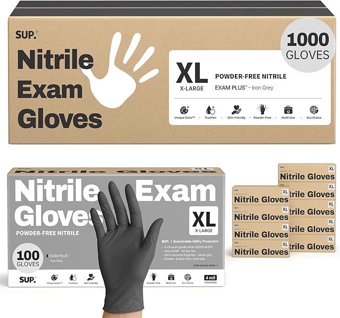 SUP Nitrile Exam Gloves, 1000 Ct Powder Free Latex Free Food Safe Non-Sterile Cooking Cleaning Disposable Medical Glove Black