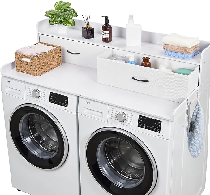 VEVOR 2 Drawers Washer Dryer Countertop with Shelf, 54" x 27" Wooden Laundry Countertop with 2 Hooks & Splicing Panels, Washer and Dryer Topper, Laundry Room Organization and Storage, White