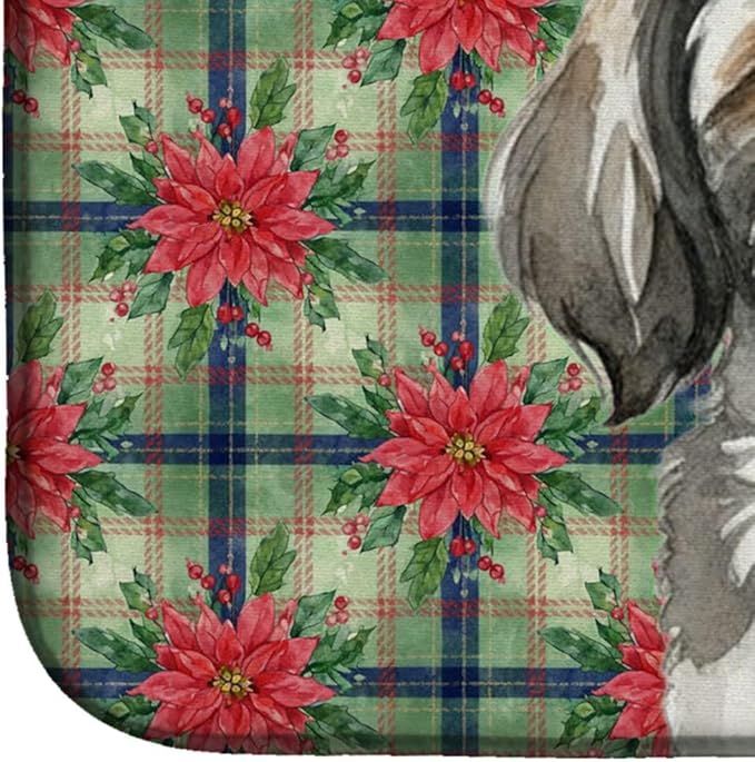 Caroline's Treasures Grey and White Tibetan Spaniel Christmas PoinsettIas Dish Drying Mat Absorbent Dish Drying Mat Pad for Kitchen Counter Dish Drainer Mat for Countertop, 14 x 21", Multicolor