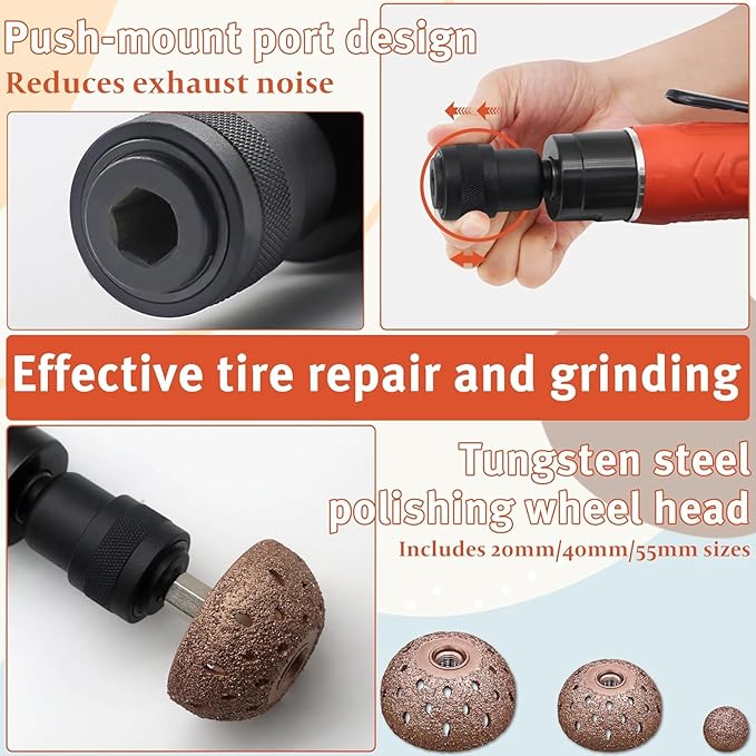 Low Speed Air Tire Buffer Kit, 2500 RPM Pneumatic Buffer Tool with Tungsten Buffing Wheels, Patch Roller and Inner Liner Scraper for Rubber Surface Prep and Patch Repair