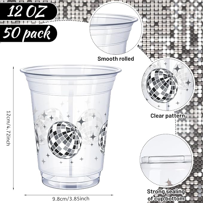 Uiifan 50 Pcs Disco Plastic Cups Disco Ball Party Decorations 12 oz Disposable Clear Decades Bachelorette Cups for Cowgirl Y2k Birthday Wedding 70s 80s 90s Party Supplies Bridal Shower Favors