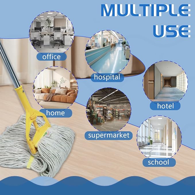 Commercial Cotton Mop | Heavy-Duty Industrial Mop | 2 Replacement Heads | 152cm Stainless Steel Handle | Professional Institutional Cleaning (B)