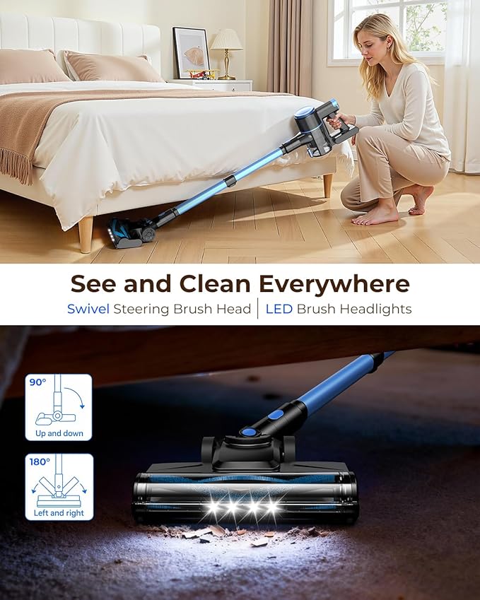 UML0 N8 Cordless Stick Vacuum Cleaner,Lightweight Vacuum Cleaner with Powerful Suction,Self-Standing,Rechargeable Vacuum Cleaners for Home Hardwood Floor Carpet Pet Hair (Cerulean)