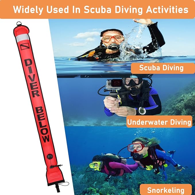 4ft Surface Marker Buoy, Hi-Vi Inflatable Scuba Signal Tube with Reflective Strip, Scuba Diving Open Bottom Float (SMB) for Underwater Diving Snorkeling