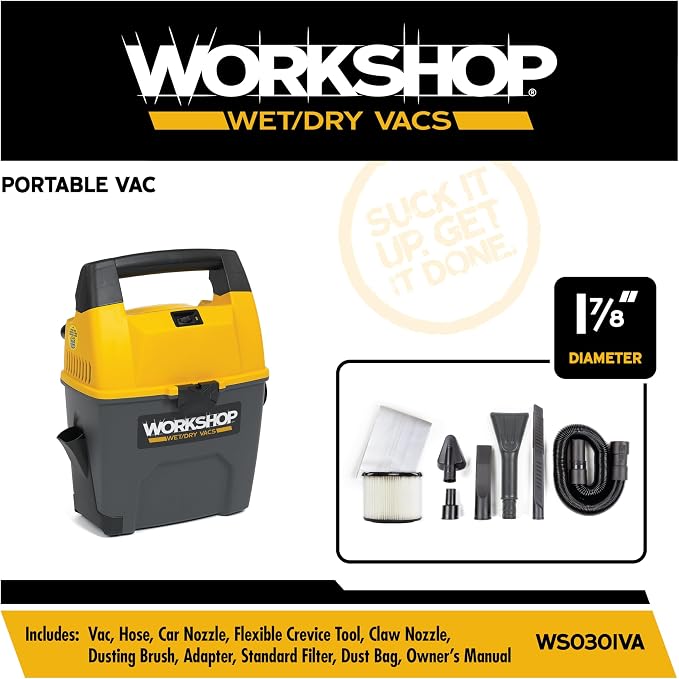 WORKSHOP Wet/Dry Vacs WS0301VA 3-Gallon 3.5 Peak HP Wet Dry Vacuum Cleaner | Portable Shop Vacuum with Built-in Dust Pan, Filter, Dust Bag, Expandable Hose, and Attachments for Home and Car Cleaning