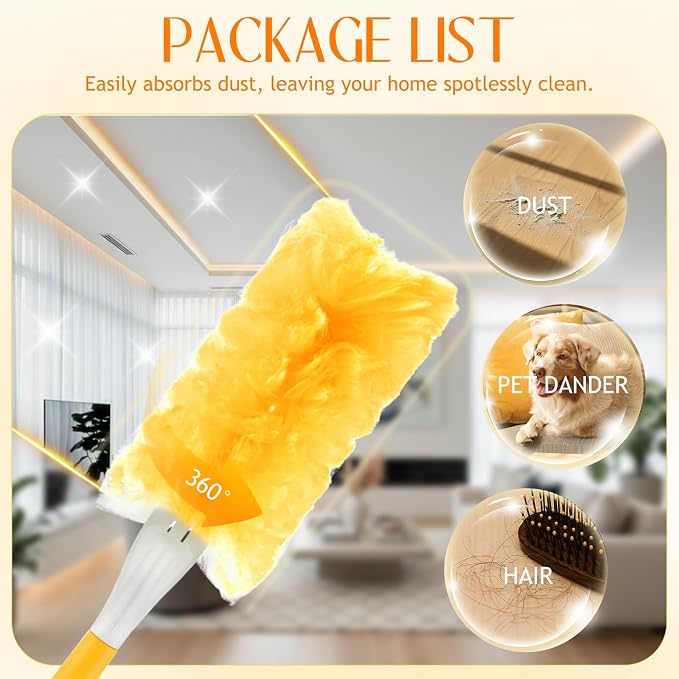 50 PCS Heavy Duty Duster Refills with Retractable Handle and Short Handle, Disposable Surface Duster Kit for Cleaning Dusting Furniture Blind Ceiling Fan(Yellow)