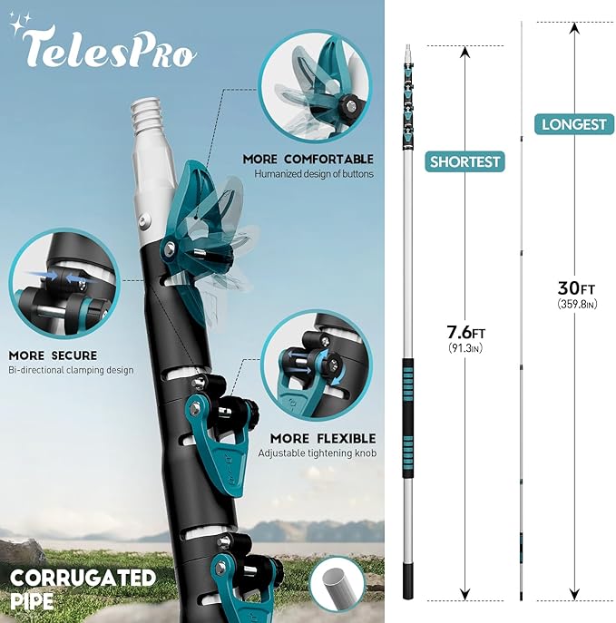 TelesPro 36 Foot High-Reach Duster Kit with 7-30FT Extendable Pole - High Ceiling Duster Cleaning Kit with Telescopic Pole,Cobweb Duster, Chenille Ceiling Fan Duster, Microfiber Feather Duster