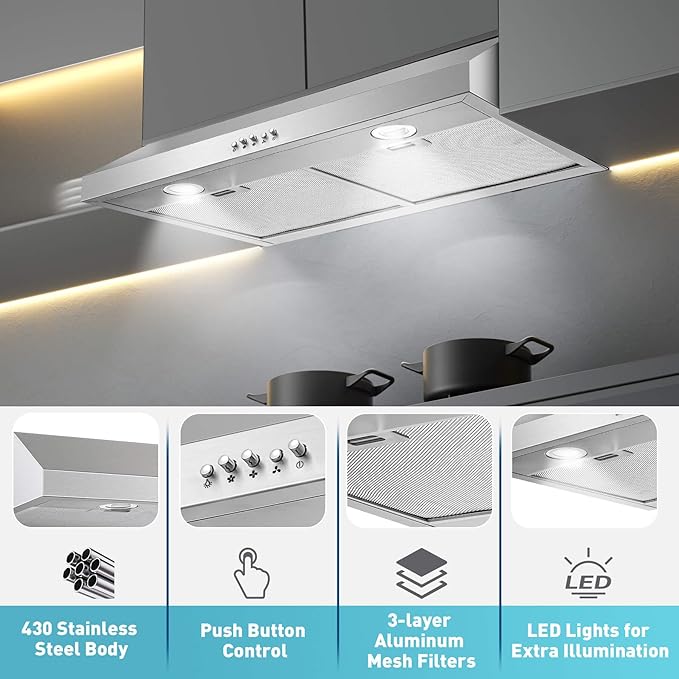 SNDOAS Under Cabinet Range Hood,30 inch Ductless Range Hood Alterable to Ducted,Stainless Steel Kitchen Exhaust Hood with 700CFM, 3-Speed Fan,Stove Vent and Oven Hood with Button Control