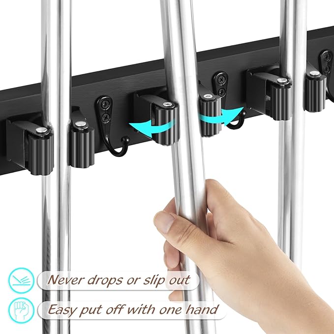 OUTNILI 2 Pack Black Mop Broom Holder Wall Mount - Wood Broom Mop Hanger - Wall Mounted Garden Tool Rack Organizer for Closet Garage Laundry Room, 4 Slots & 4 Hooks