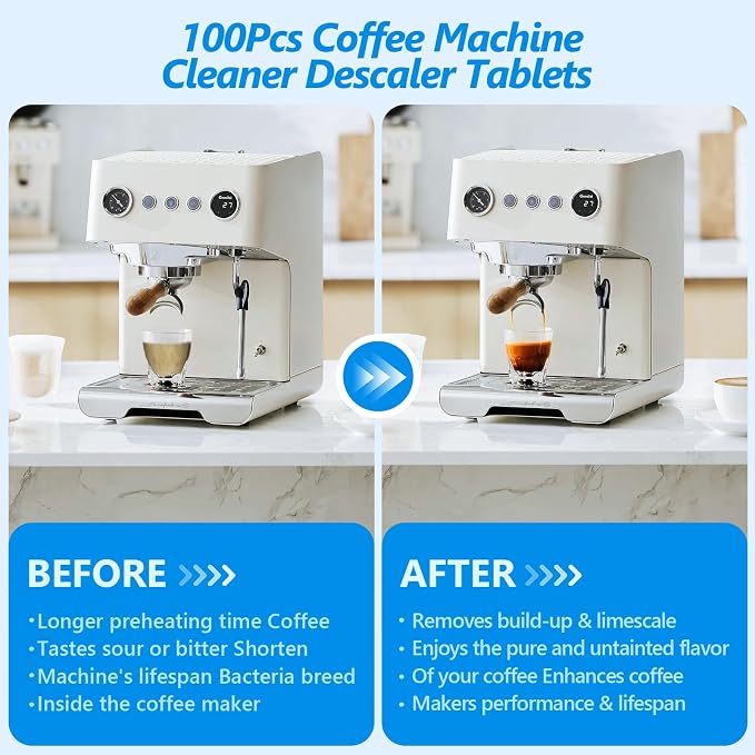 100 Pack Coffee Machine Cleaner Descaler Tablets,Coffee Maker Cleaner for Keurig, Ninja, Breville, Delonghi, Nespresso, Miele,Espresso Machine Cleaning Tabs,Descaling Solution for Coffee Pot Maker