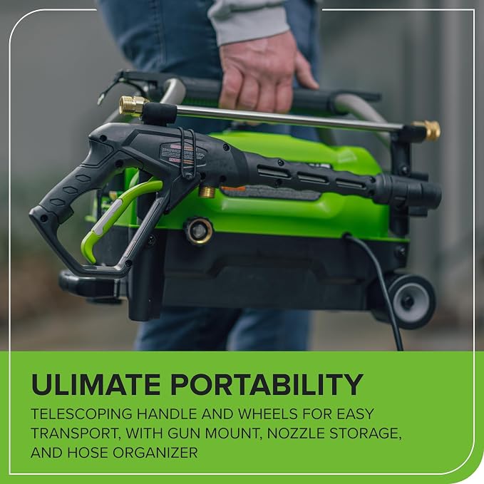 Greenworks 2100 PSI (1.2 GPM) Electric Pressure Washer (25°, 40°, Turbo Nozzle, Soap Applicator) for Use On Decks, Fences, Concrete Patios, Sidewalks & More. Medium-Duty