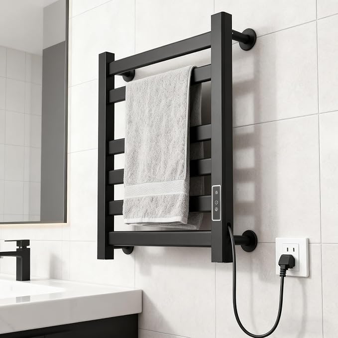 Verida Towel Warmer Rack, Heated Towel Rack for Bathroom, Wall-Mounted Plug (Not Hardwired), Aluminum Alloy, with Timer and Temperature Adjustment, Overheat Protection Function(Medium Black)