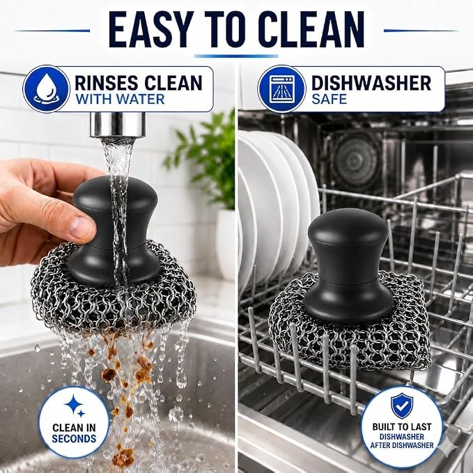 Cast Iron Scrubber and Scraper | 316 Chainmail Scrubber for Cast Iron Pan | Chain Mail Scrubber for Cast Iron Skillet Cleaner | Dishes Pots Wok Griddle Grill | Dish Scouring Pad Dishwasher Safe, Black1