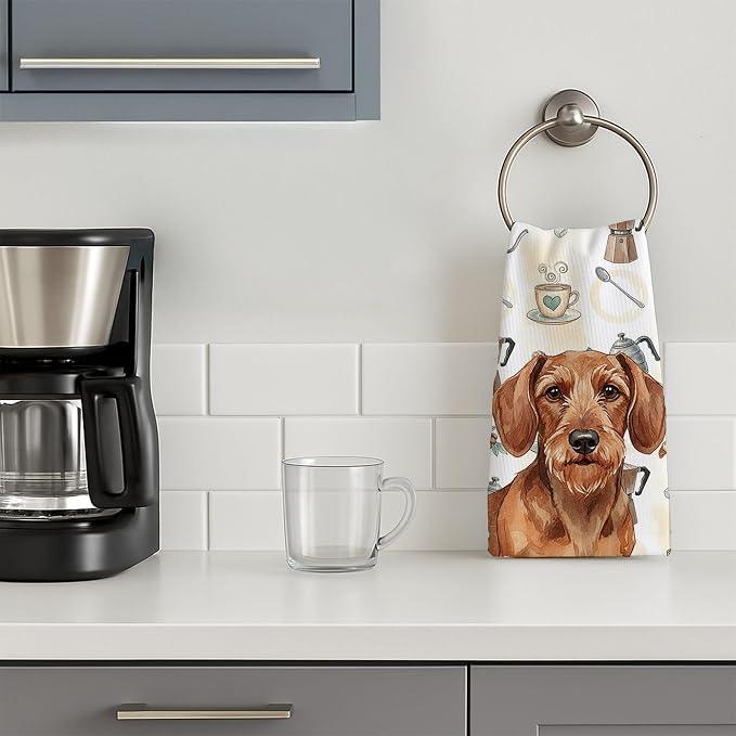 Caroline's Treasures Wirehaired Red Dachshund Coffee Bar Kitchen Towel Velour Plush Front and Cotton Loop Back Machine Washable