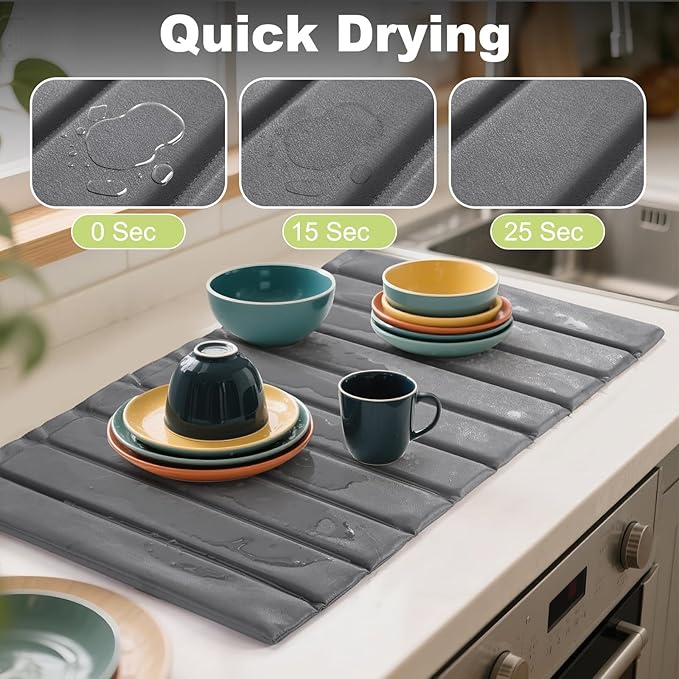 Oxydrily Large Stone Drying Mat for Kitchen Counter, Ultra Absorbent Diatomaceous Earth Mat with PU Leather Cover Fast Drying Collapsible, Dish Mats for Dishes Buttles Cups Countertop Gray 23.6"x15.3"