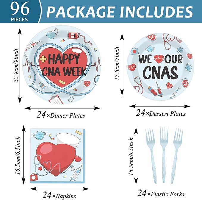 CHUNNIN 96Pcs Happy CNA Week Plates and Napkins Nurse Appreciation Week Party Decorations We Love Our CNAS Dessert Plates Nurse Tableware for 24 Guests CNA Appreciation Week Party Supplies