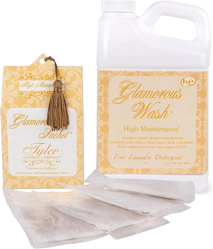 Elanze Designs Tyler Candle HIGH MAINTENANCE - Glam Wash - 32 Ounce Liquid Laundry Detergent and Scented Sachet Bundle