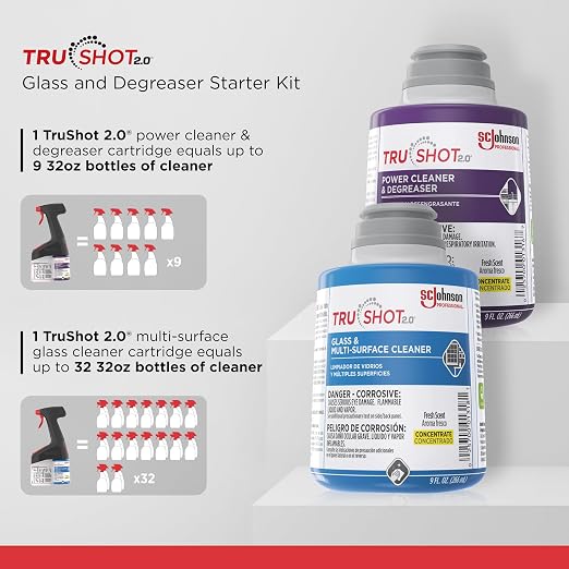 SC Johnson Professional TruShot 2.0 Multi-Surface Glass & Degreaser Mobile Dispensing System Starter Pack, 1 Trigger Dispenser, 2 Cleaning Concentrate Cartridges, for Professional Use