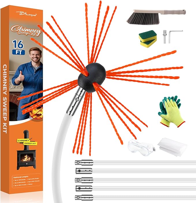 Bluesea 16 Feet Chimney Sweep Kit, Ergonomic Chimney Cleaning System with Strong Brush, Extends Up to 16 Feet, Includes 5 Flexible Chimney Rods