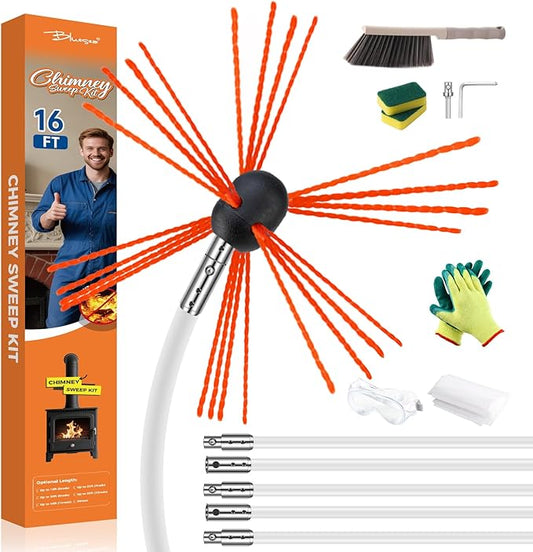 Bluesea 16 Feet Chimney Sweep Kit, Ergonomic Chimney Cleaning System with Strong Brush, Extends Up to 16 Feet, Includes 5 Flexible Chimney Rods